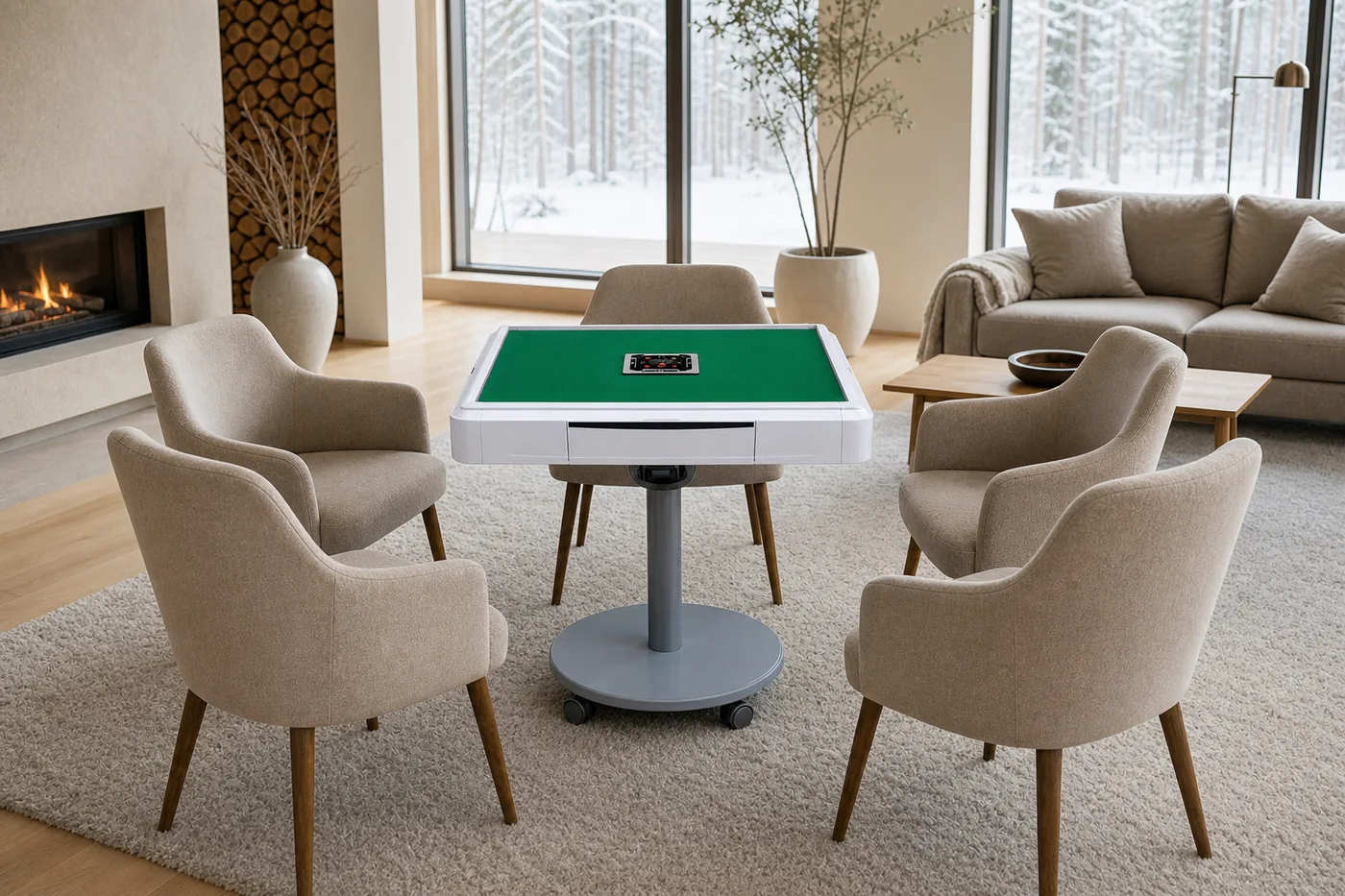 Slim Voice home automatic Riichi mahjong table in a bright Scandinavian living room