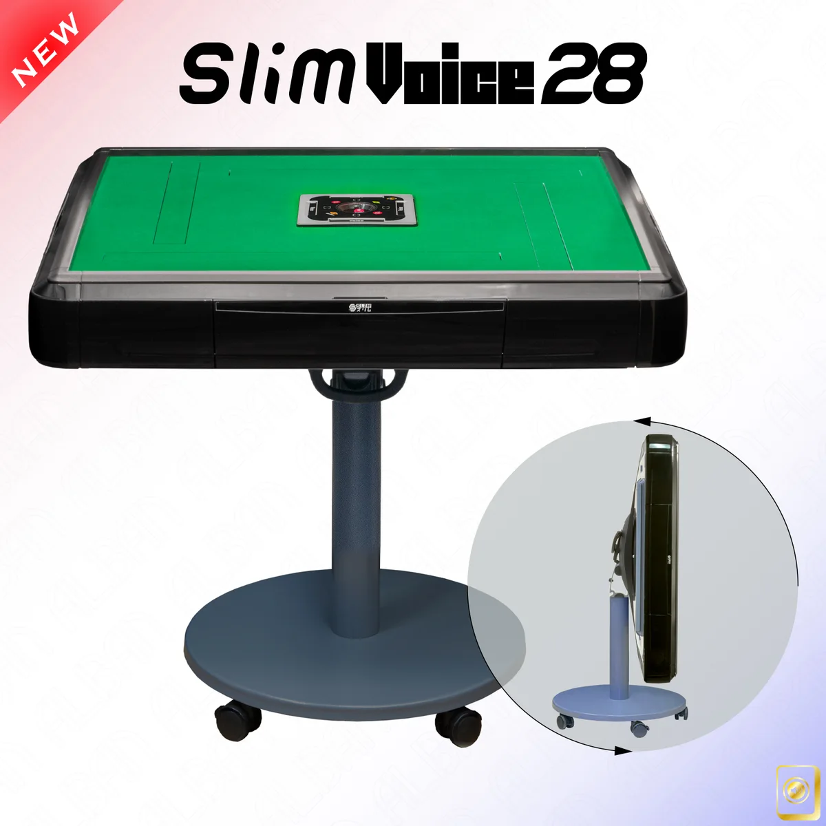 폴딩 휠 페데스탈 사양의 블랙 컬러 ALBAN Slim Voice 28 전자동 리치 마작 테이블, 접힌 모습을 인셋으로 표시
